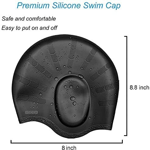 Latest Designed Long Hair Swim Cap,Waterproof Silicone Swimming Cap for Adult Woman and Men,Keeps Hair Clean with Ear Protector - Black.