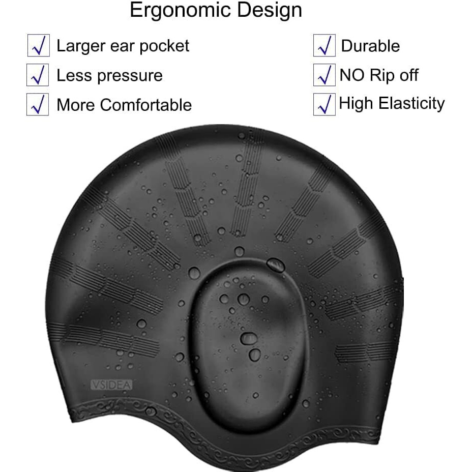 Latest Designed Long Hair Swim Cap,Waterproof Silicone Swimming Cap for Adult Woman and Men,Keeps Hair Clean with Ear Protector - Black.