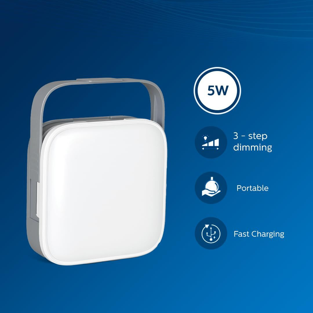 PHILIPS Ioniq 5W Portable Emergency Rechargeable LED Lantern | 3 Step Dimming Fast Charging Emergency Light for Power Cuts | Shape Square , Colour Grey , Pack of 1