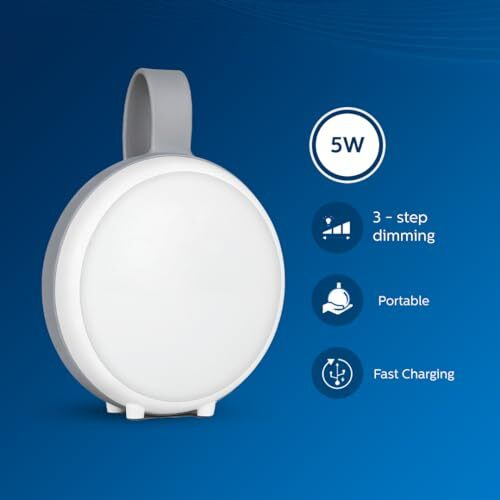 PHILIPS Ioniq 5W Portable Emergency Rechargeable LED Lantern | 3 Step Dimming Fast Charging Emergency Light for Power Cuts | Shape Round, Colour Grey, Pack of 1