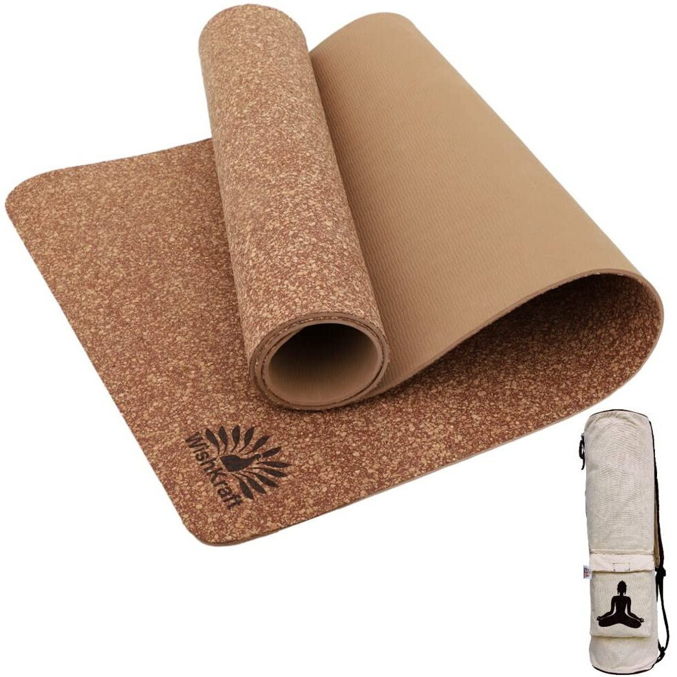 WishKraft CORK Yoga Mat [5 MM Thick] with Canvas Carry Bag & Strap | Eco-Friendly, Non-Slip, & Sweat Resistant | Cushioning, Support & Stability for Exercise, Fitness, Meditation & Pilates