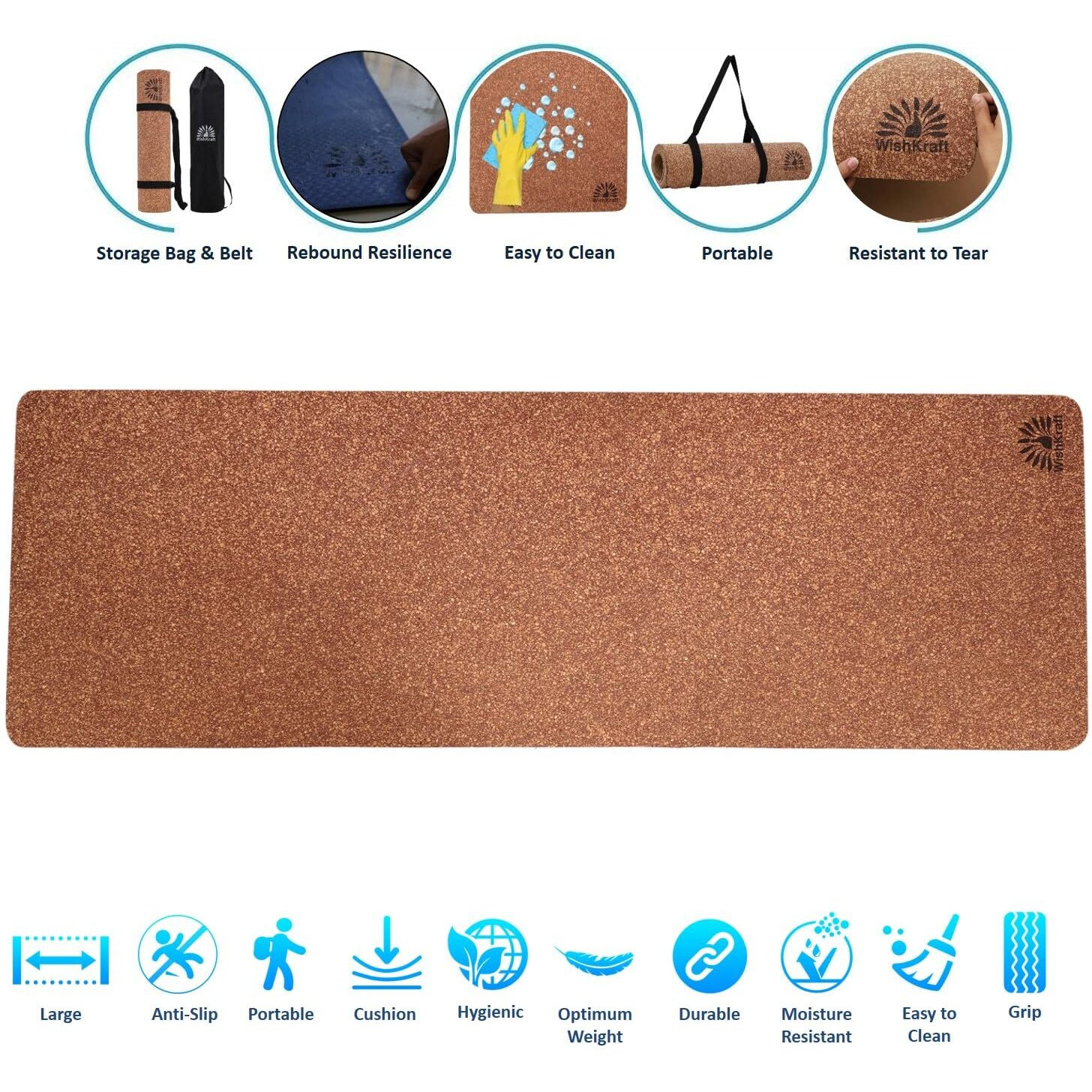WishKraft CORK Yoga Mat [5 MM Thick] with Canvas Carry Bag & Strap | Eco-Friendly, Non-Slip, & Sweat Resistant | Cushioning, Support & Stability for Exercise, Fitness, Meditation & Pilates