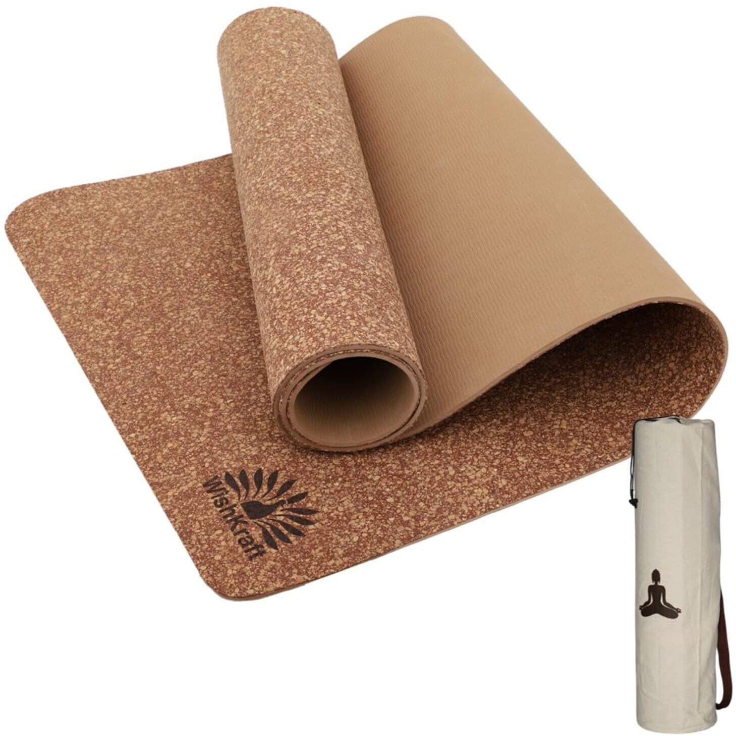 WishKraft CORK Yoga Mat [5 MM Thick] Eco-Friendly, Non-Slip, & Sweat Resistant | Cushioning, Support & Stability for Exercise, Fitness, Meditation & Pilates (Yoga Mat+DrawstringBag)