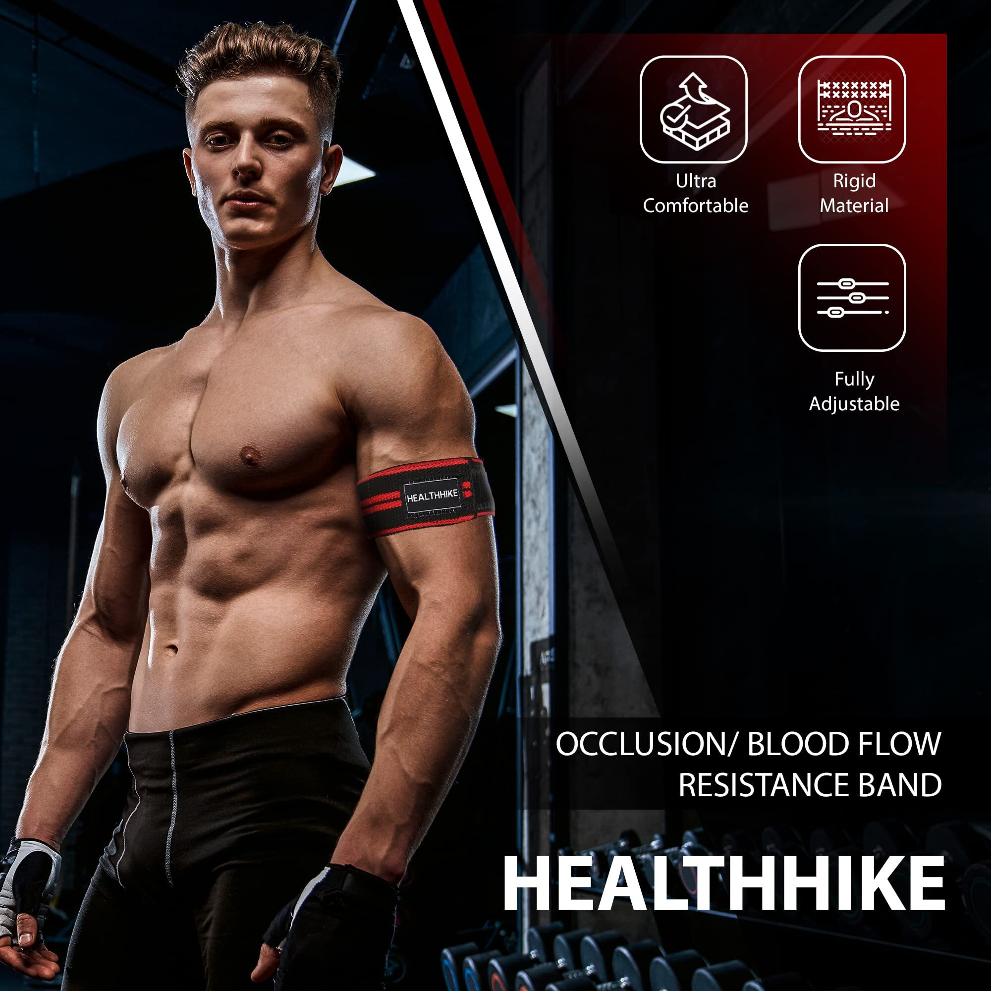 HealthHike Cotton Blend Blood Flow Restriction Bands(Bfr) with Adjustable Velcro for Arms Occlusion Training with Strong Elastic Strap for Gym&Workout|Gain Muscle Without Heavy Weight Lifting (Red)