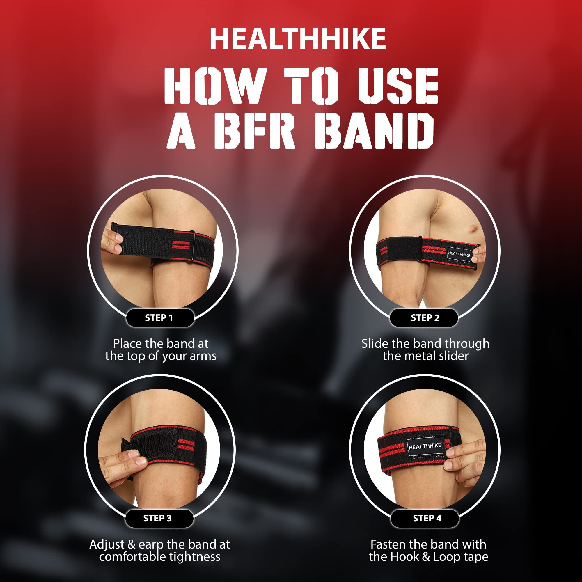 HealthHike Cotton Blend Blood Flow Restriction Bands(Bfr) with Adjustable Velcro for Arms Occlusion Training with Strong Elastic Strap for Gym&Workout|Gain Muscle Without Heavy Weight Lifting (Red)