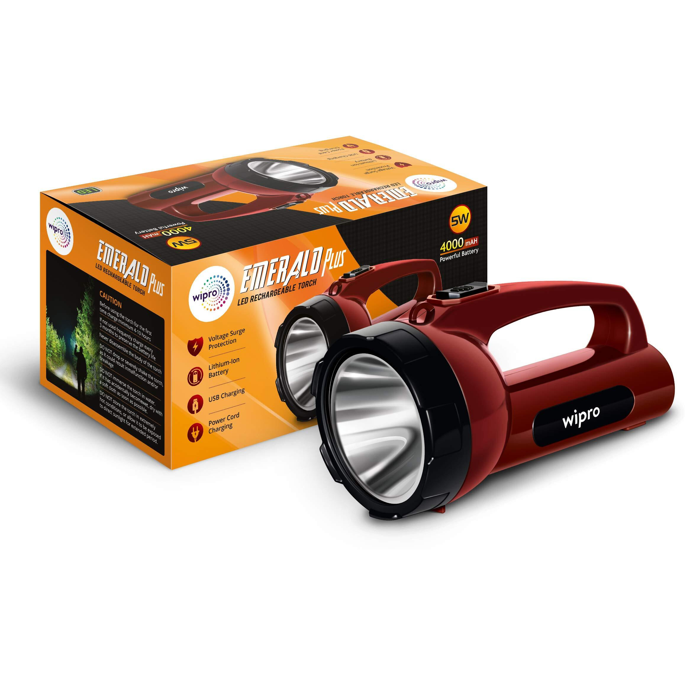 wipro Emerald Plus Rechargeable Emergency Light (Pack of 1, Red, Cl0008,)