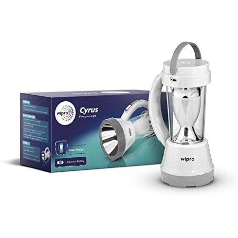 Wipro Cyrus Multi-Functional Rechargeable LED Torch with Emergency Lantern| 360 Degree Ambient Light| 1500 mAH Li-Ion Battery | White, Pack 1.