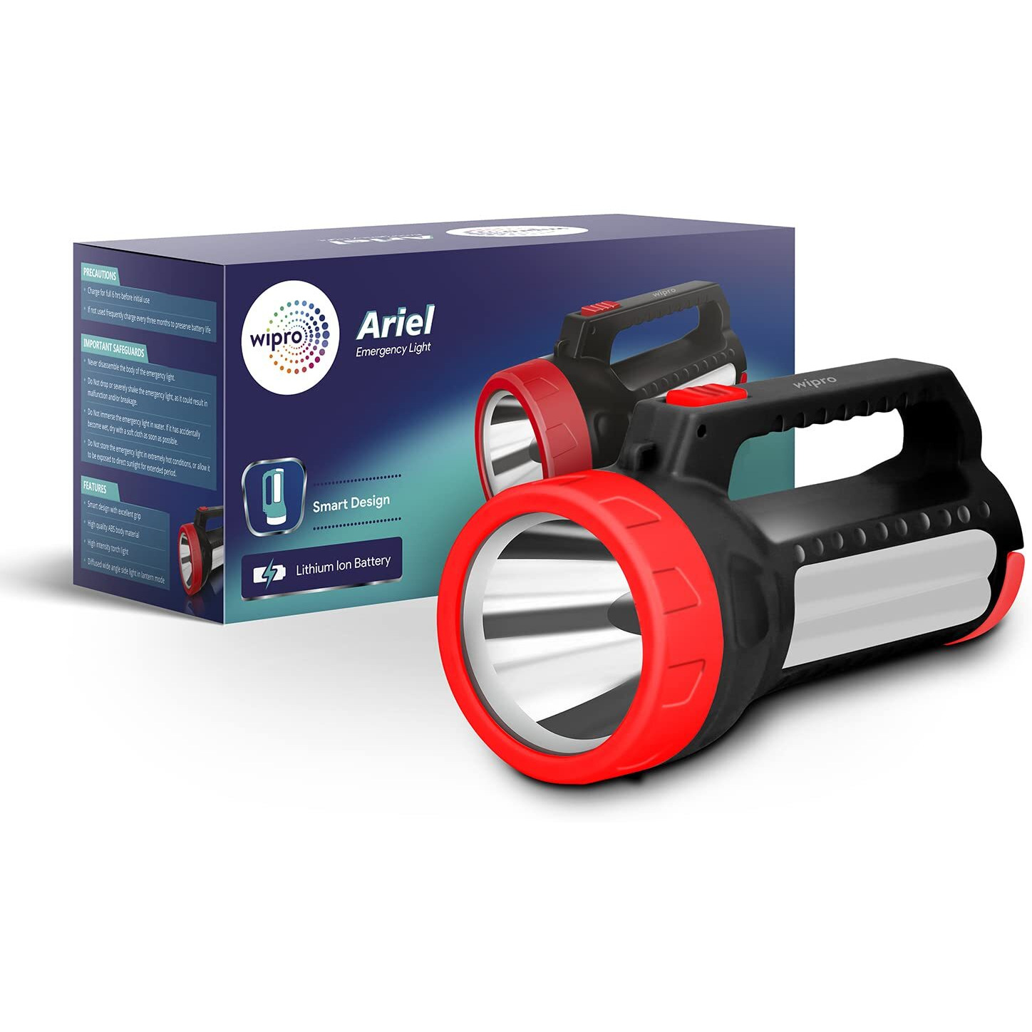 Wipro Ariel Multi-Functional Rechargeable Emergency Light ,Black & Red | 3 Modes of Lighting |Torch Mode|Lantern Mode |Li-Ion Battery