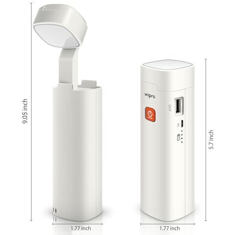 Wipro Odyssey Multifunctional Rechargeable Emergency Light | Dual Mode - Torch & Table Lamp | Portable Light | 3-Step Dimming | 3000 mAh Li-Ion Battery | in-Built Power Bank | White, Pack of 1