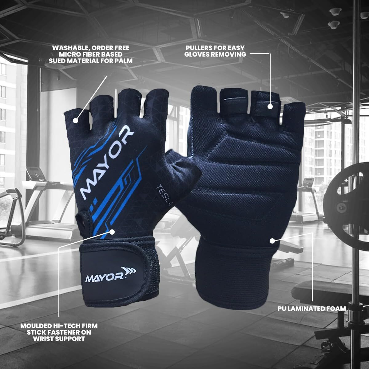 Mayor Tesla Gym Gloves for Men & Women with Wrist Support Accessories, Gloves for Gym Workout, Training and Exercise with Pullers, Gym Gloves for Weightlifting (Black/Blue)