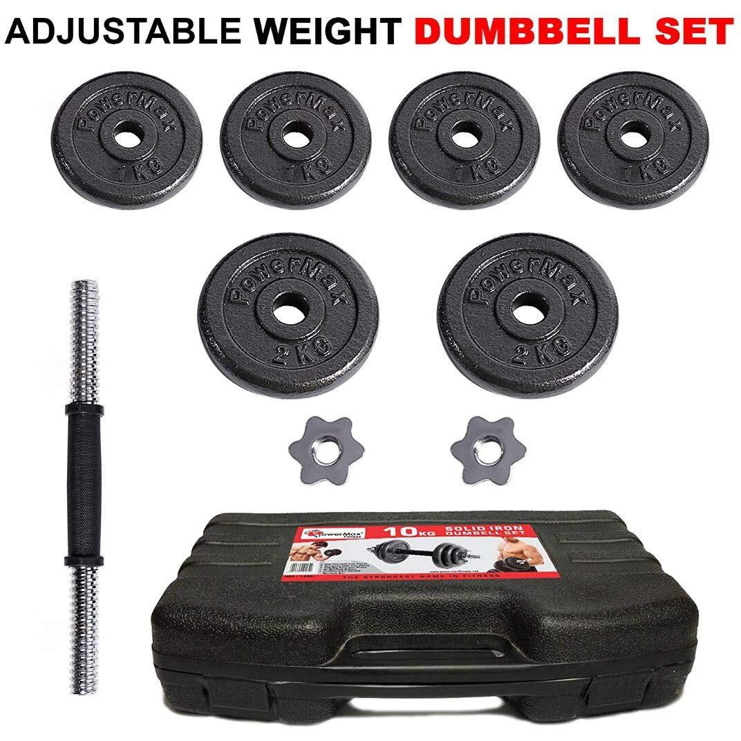 PowerMax Fitness Adjustable Coated Iron Dumbbell and Anti-Slip Rod Set with Carry Case For Home Workout , Black