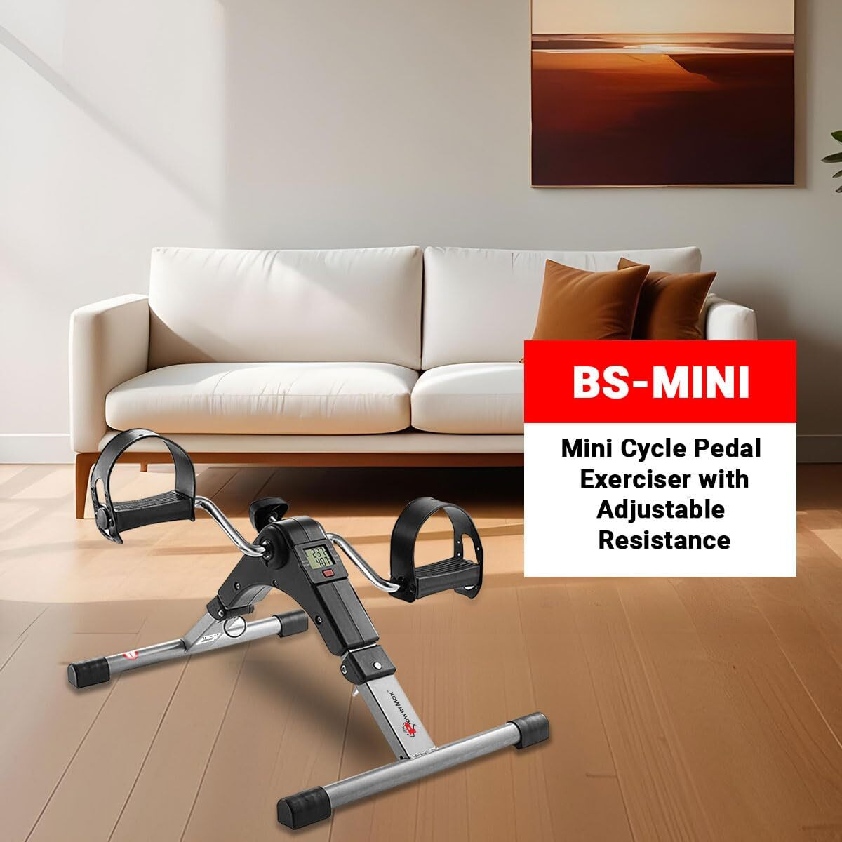PowerMax Fitness BS-MINI Mini Cycle Pedal Exerciser with Adjustable Resistance and Digital Display - For Light Leg and Arm Exercise and Physiotherapy at Home