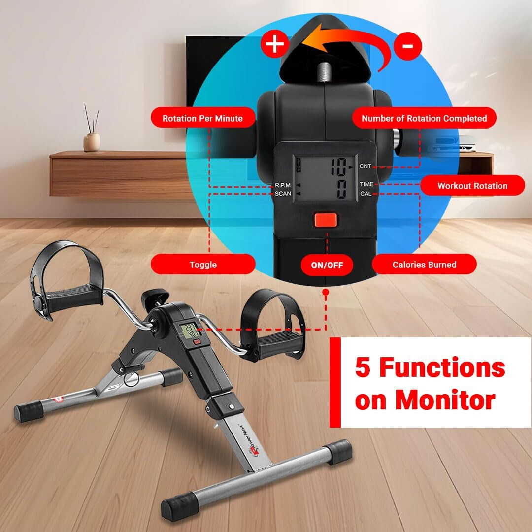 PowerMax Fitness BS-MINI Mini Cycle Pedal Exerciser with Adjustable Resistance and Digital Display - For Light Leg and Arm Exercise and Physiotherapy at Home