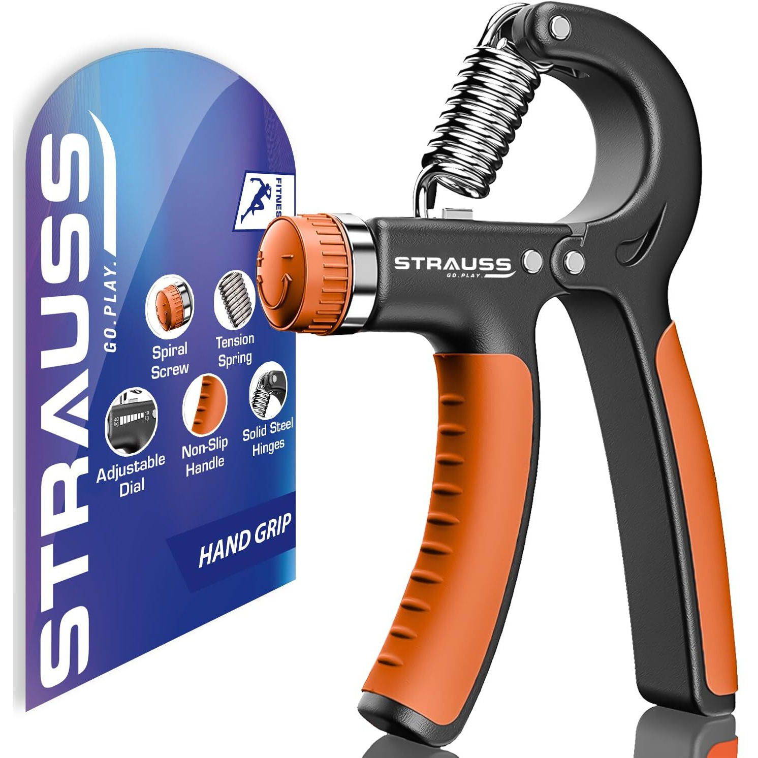 Strauss Adjustable Hand Grip| Adjustable Resistance (10KG - 40KG) | Hand Gripper for Home & Gym Workouts | Perfect for Finger & Forearm Hand Exercises for Men & Women (Black/Orange)