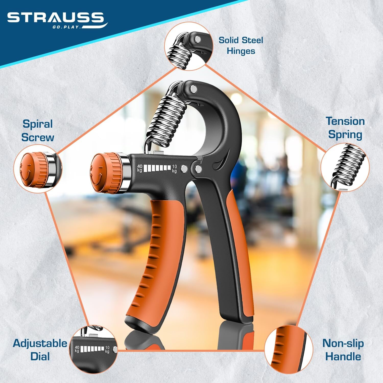 Strauss Adjustable Hand Grip| Adjustable Resistance (10KG - 40KG) | Hand Gripper for Home & Gym Workouts | Perfect for Finger & Forearm Hand Exercises for Men & Women (Black/Orange)