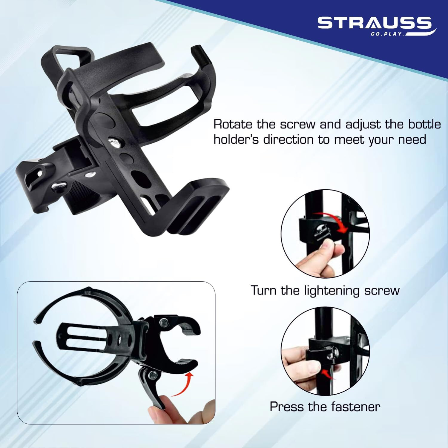 Strauss Bicycle Bottle Holder and No Tools Needed | Portable Carrier Bracket Stand for Cycle Accessories | Expandable & Adjustable Bottle Cage with Upgraded Clamp, (Black)