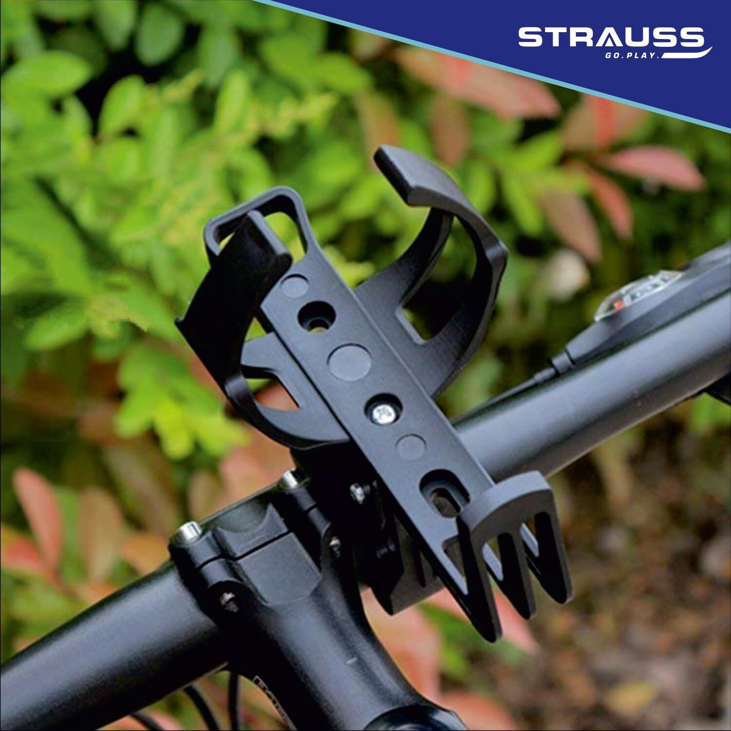 Strauss Bicycle Bottle Holder and No Tools Needed | Portable Carrier Bracket Stand for Cycle Accessories | Expandable & Adjustable Bottle Cage with Upgraded Clamp, (Black)