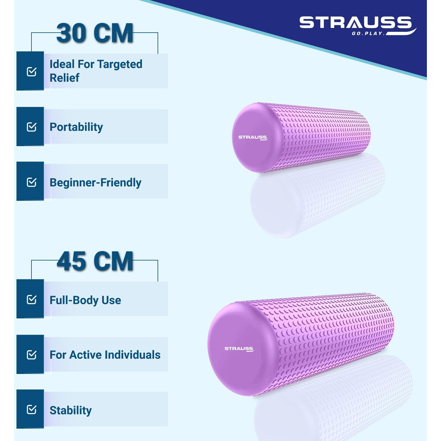 Strauss Yoga Foam Roller | Deep Tissue Massage Roller for Knee Exercise, Muscles Recovery & Physiotherapy | Home Gym Fitness Equipment for Full Body Relaxation and Flexibility | 45cm,(Purple)