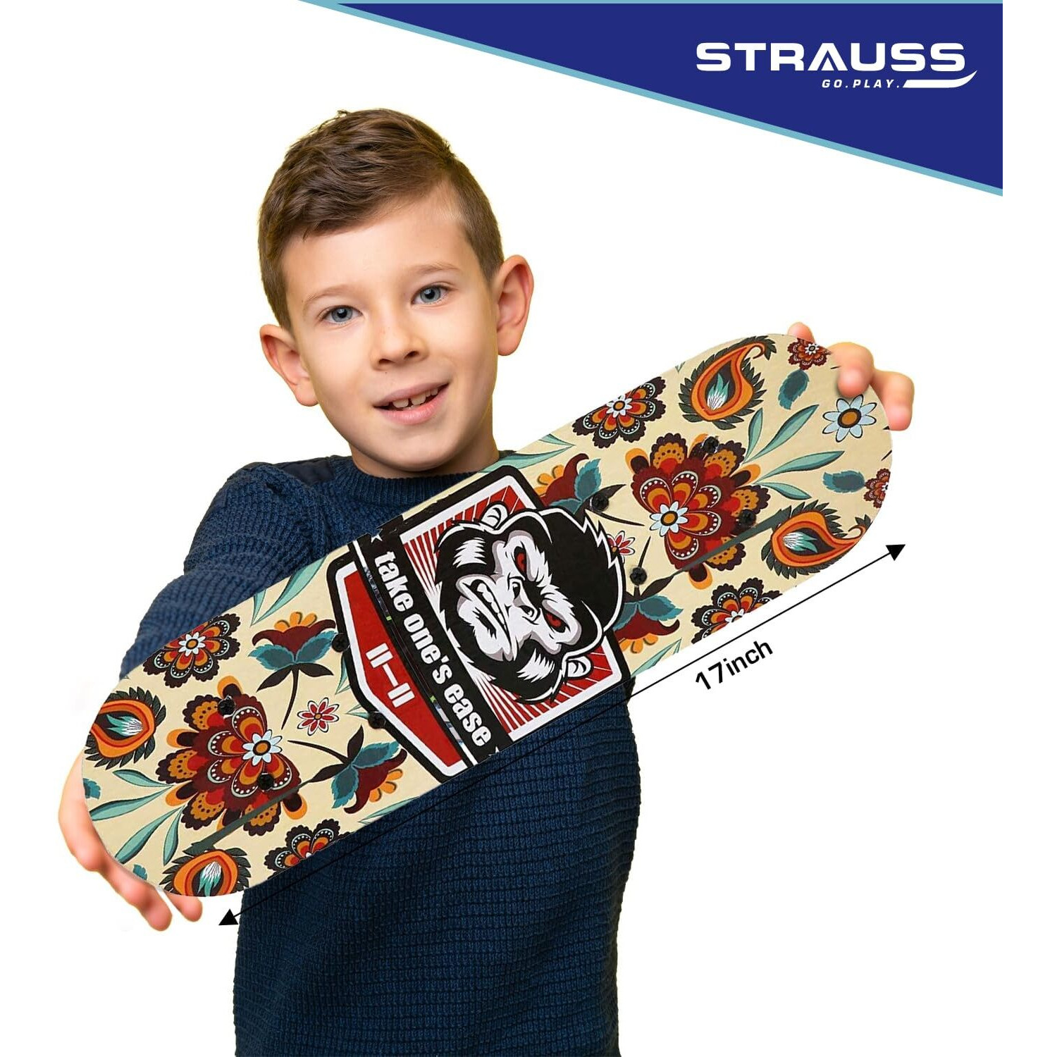 Strauss Kids Skateboard | 17 X 5 Inches Maple Wood Skateboard with PU Wheels for Kids Upto 5 Years | Suitable for Boys and Girls | Ideal for Beginners,Learners and Training Purpose, (Chimps)