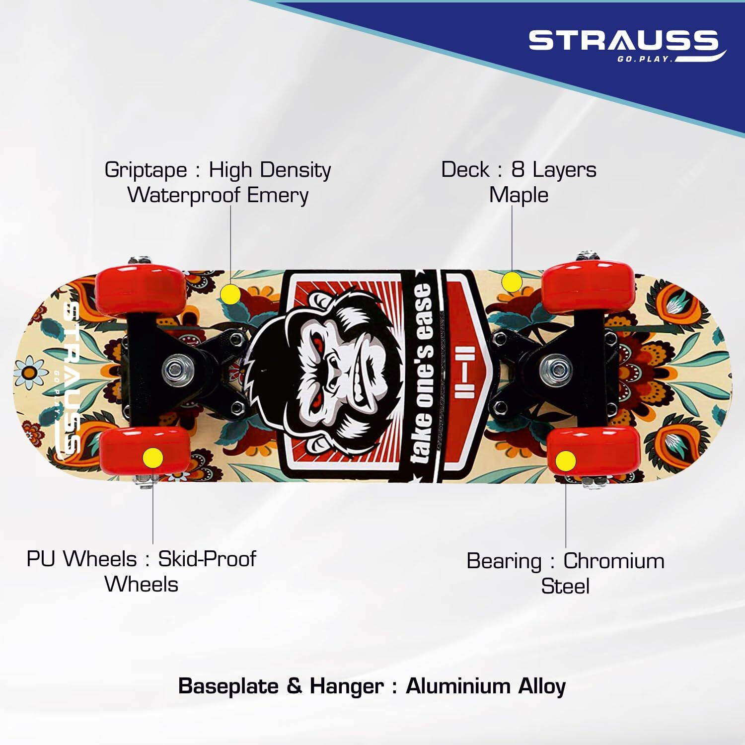 Strauss Kids Skateboard | 17 X 5 Inches Maple Wood Skateboard with PU Wheels for Kids Upto 5 Years | Suitable for Boys and Girls | Ideal for Beginners,Learners and Training Purpose, (Chimps)