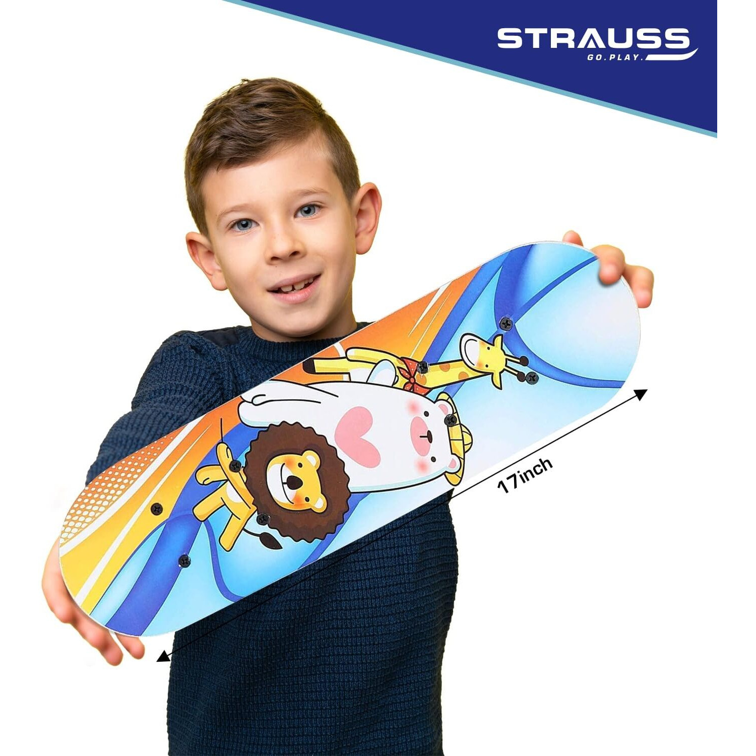 Strauss Kids Skateboard | 17 X 5 Inches Maple Wood Skateboard with PU Wheels for Kids Upto 5 Years | Suitable for Boys and Girls | Ideal for Beginners,Learners and Training Purpose, (Lion)