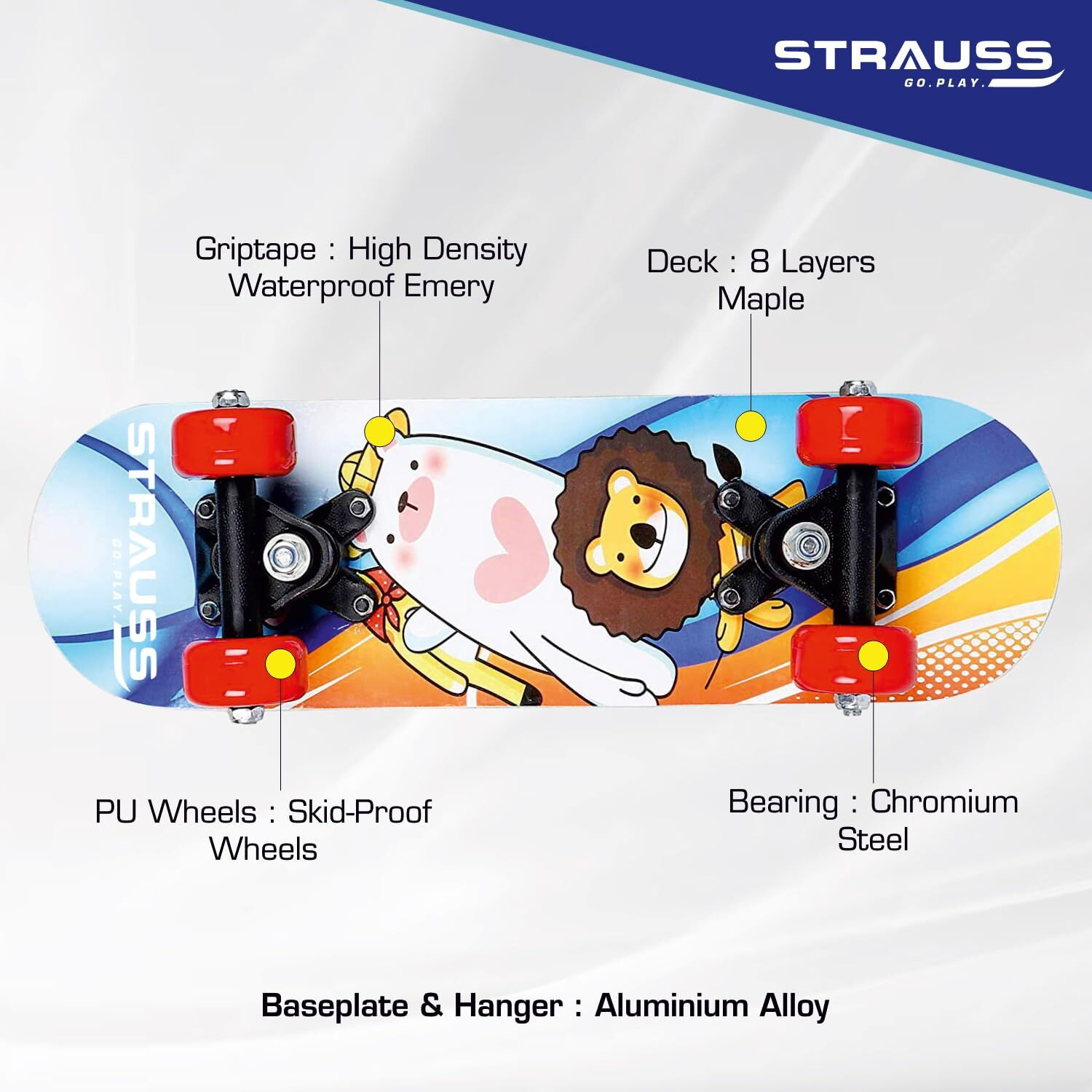 Strauss Kids Skateboard | 17 X 5 Inches Maple Wood Skateboard with PU Wheels for Kids Upto 5 Years | Suitable for Boys and Girls | Ideal for Beginners,Learners and Training Purpose, (Lion)