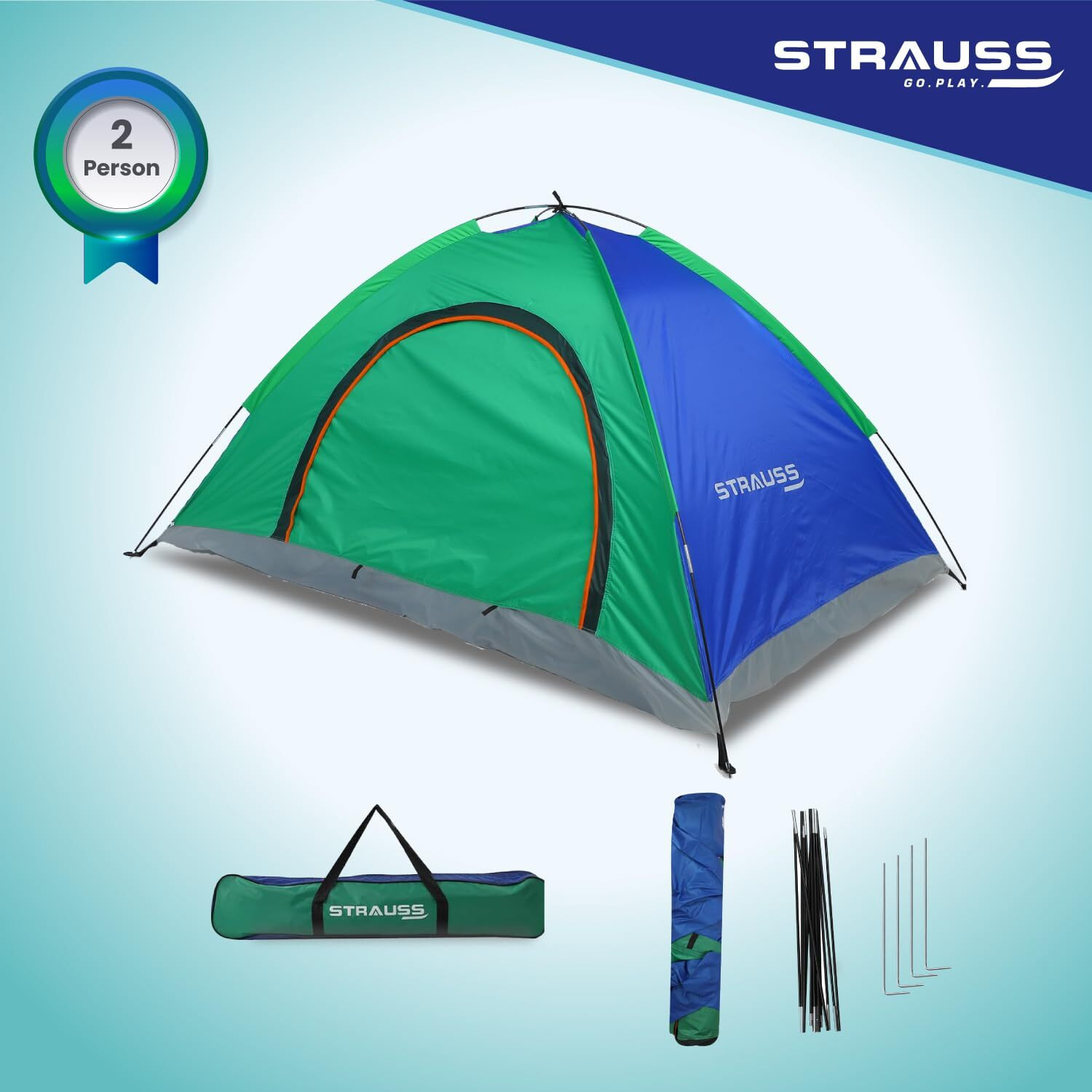STRAUSS Portable Tent for Camping | Ideal for 2 Persons | Easy Setup for Picnic, Travel, Hiking, Trekking, Outdoor camping | Waterproof and Windproof Tent | Superior Air Ventilation, Multicolor