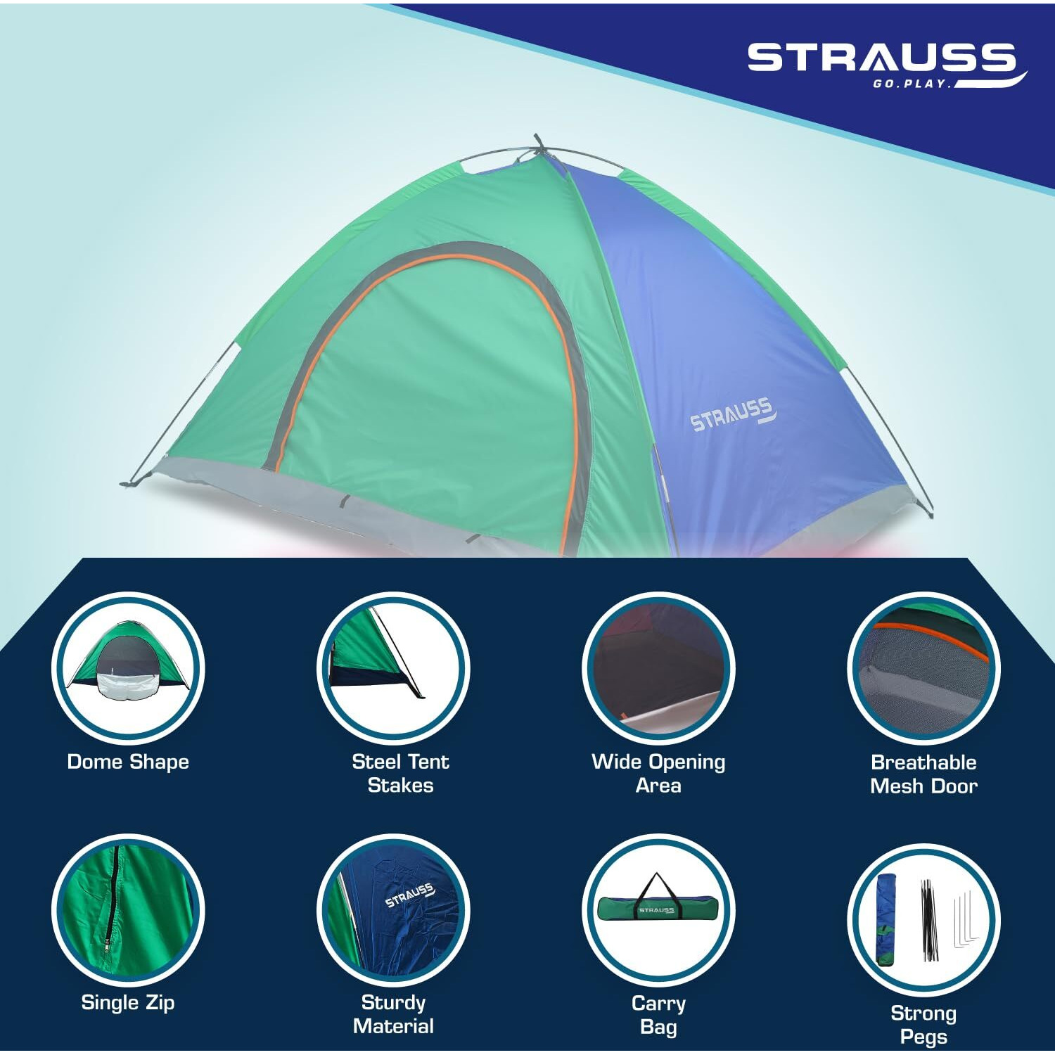 STRAUSS Portable Tent for Camping | Ideal for 2 Persons | Easy Setup for Picnic, Travel, Hiking, Trekking, Outdoor camping | Waterproof and Windproof Tent | Superior Air Ventilation, Multicolor