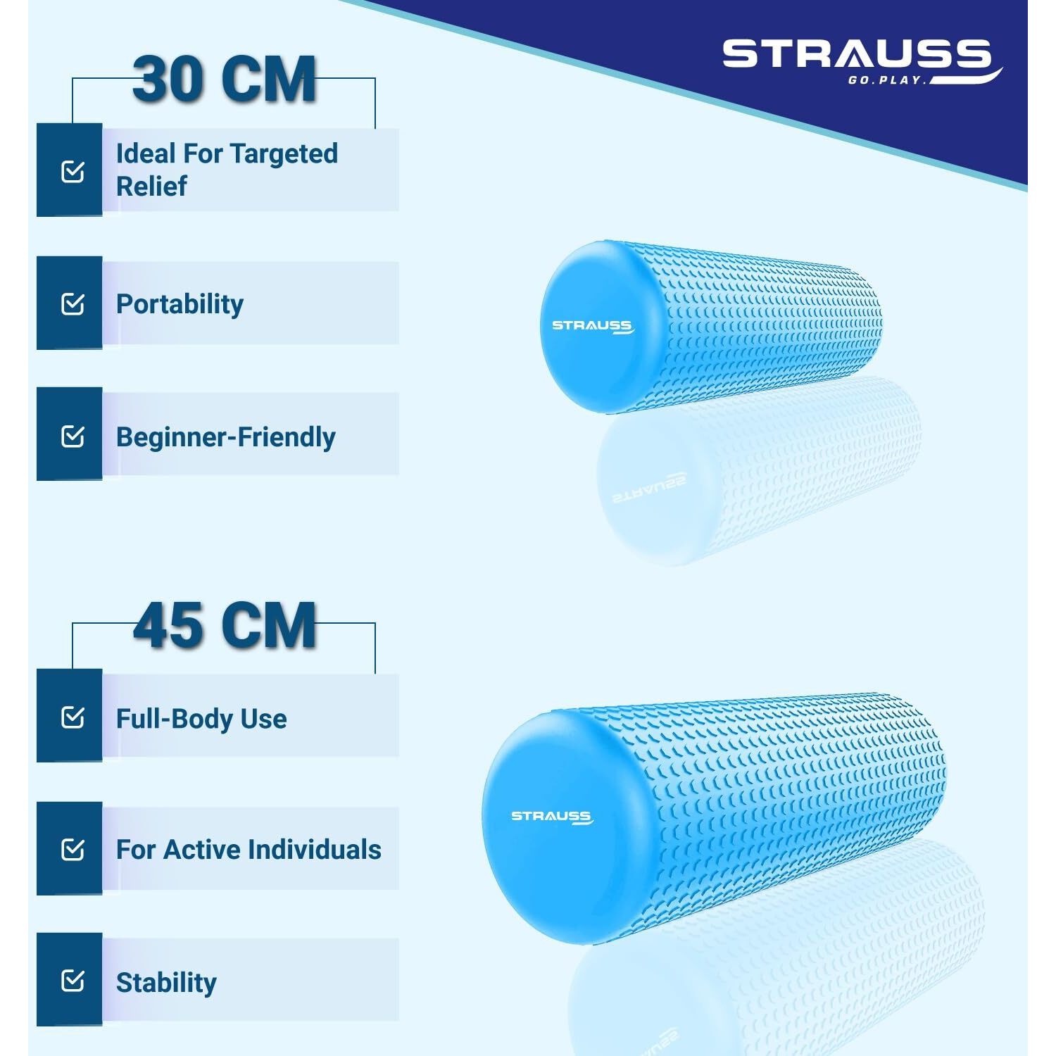 Strauss Yoga Foam Roller | Deep Tissue Massage Roller for Knee Exercise, Muscles Recovery & Physiotherapy | Home Gym Fitness Equipment for Full Body Relaxation and Flexibility | 30cm,(Blue)