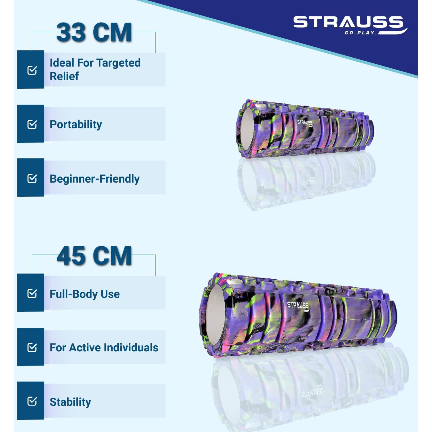 Strauss Deep Tissue Massage Foam Roller|High-Density Muscle Roller for Myofascial Release, Physical Therapy, Yoga, Pilates|Exercise Equipment for Deep Tissue Massage and Muscle Relief|33cm,(Purple)