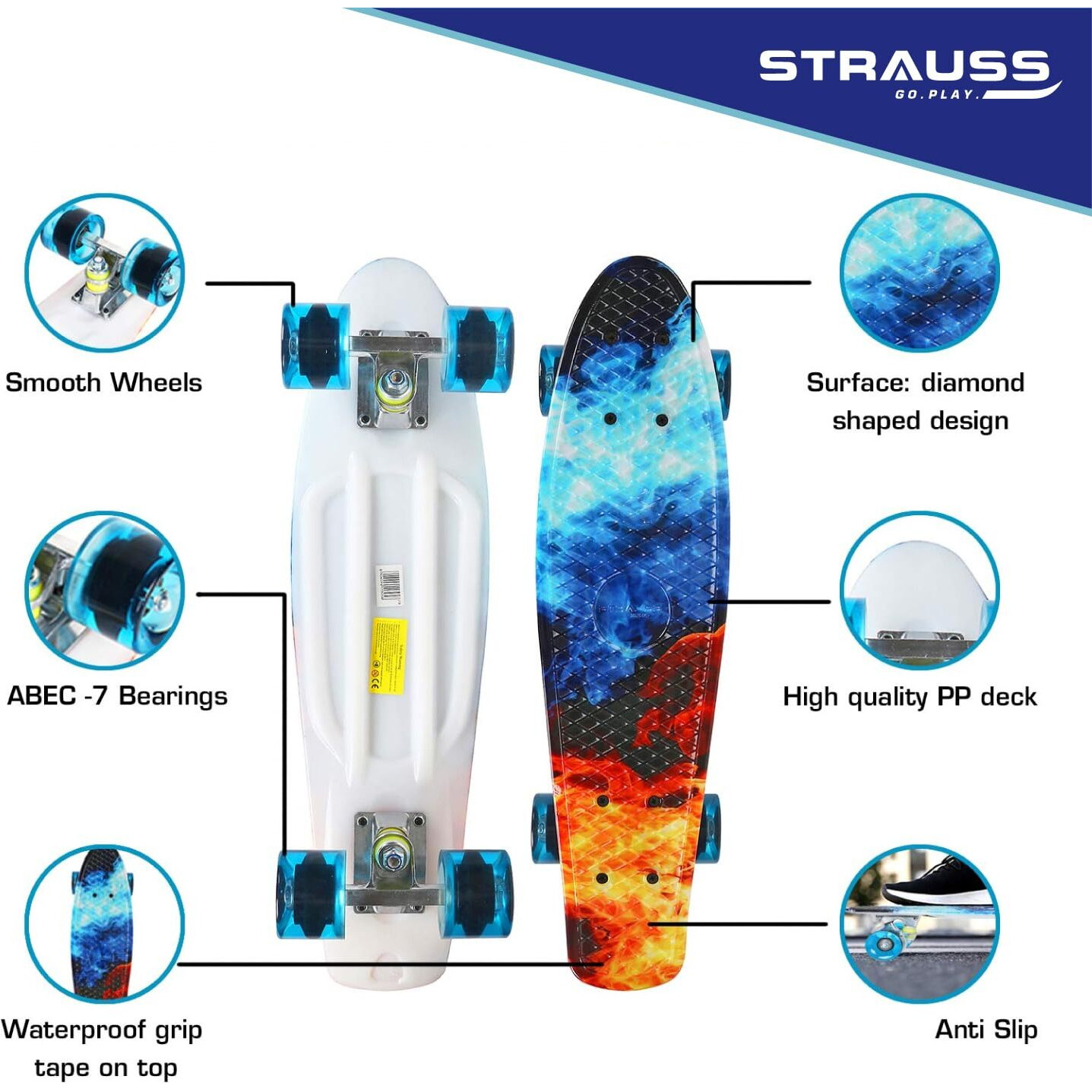 STRAUSS Cruiser FP Skateboard | Penny Skateboard | Casterboard | Hoverboard | Cruiser Fibre Skateboard | Anti-Skid Board with ABEC-7 High Precision Bearings | Ideal for 8 Years and Above (22 X 6 Inch)
