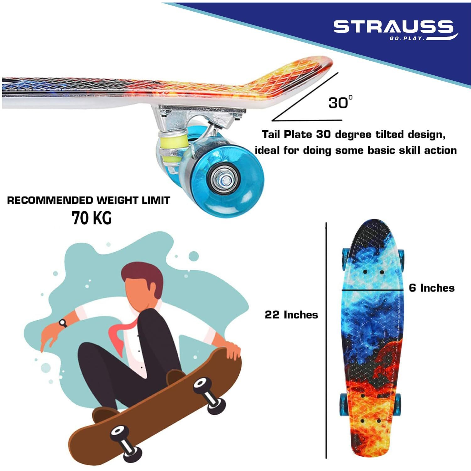 STRAUSS Cruiser FP Skateboard | Penny Skateboard | Casterboard | Hoverboard | Cruiser Fibre Skateboard | Anti-Skid Board with ABEC-7 High Precision Bearings | Ideal for 8 Years and Above (22 X 6 Inch)