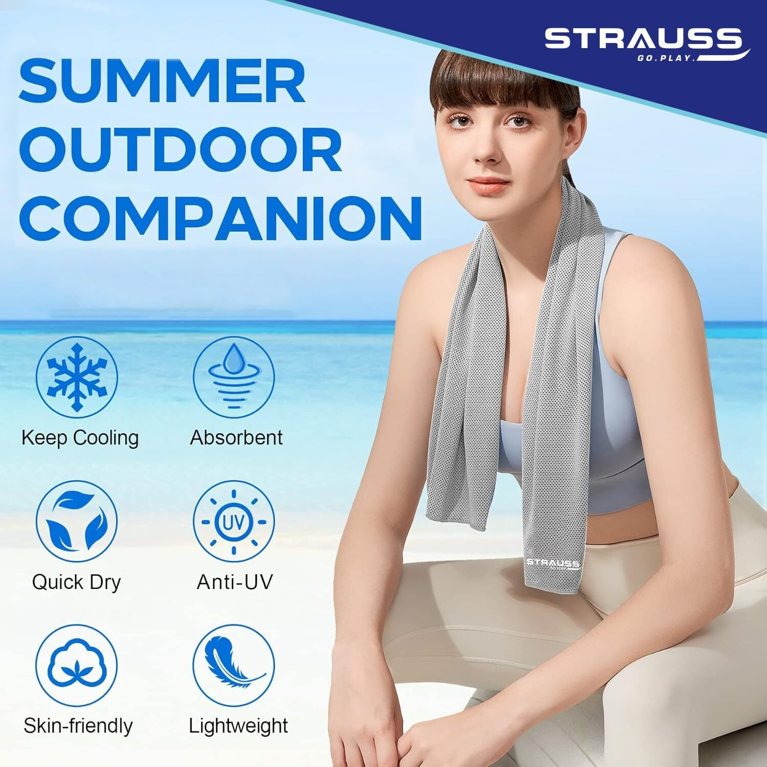 STRAUSS Anti-Microbial Sports Cooling Hand Towel | Microfiber Cloth | Quick Dry | Suitable for Running, Hiking, Camping, Travel, Gym Workout, Fitness, Yoga & Golf | 35 X10  | (Grey)