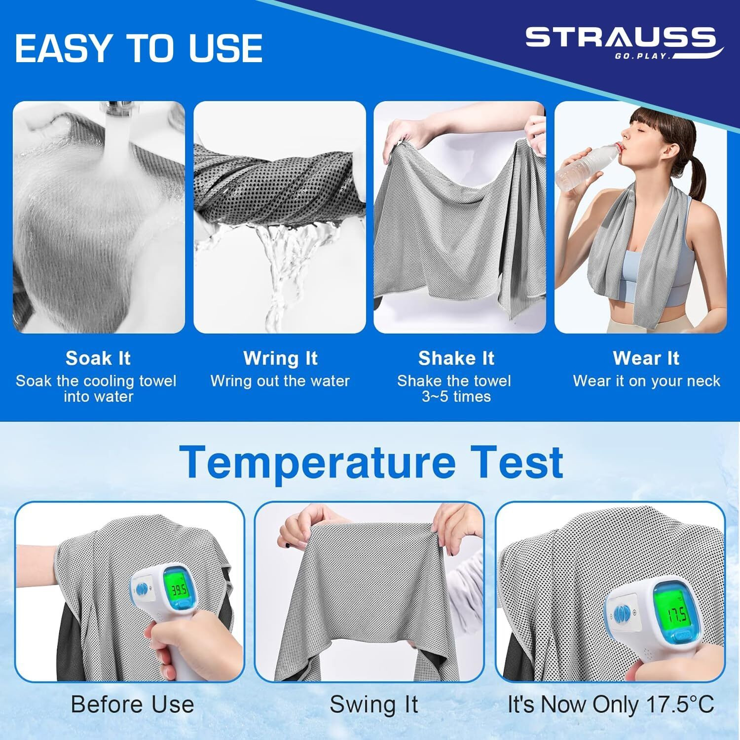 STRAUSS Anti-Microbial Sports Cooling Hand Towel | Microfiber Cloth | Quick Dry | Suitable for Running, Hiking, Camping, Travel, Gym Workout, Fitness, Yoga & Golf | 35 X10  | (Grey)