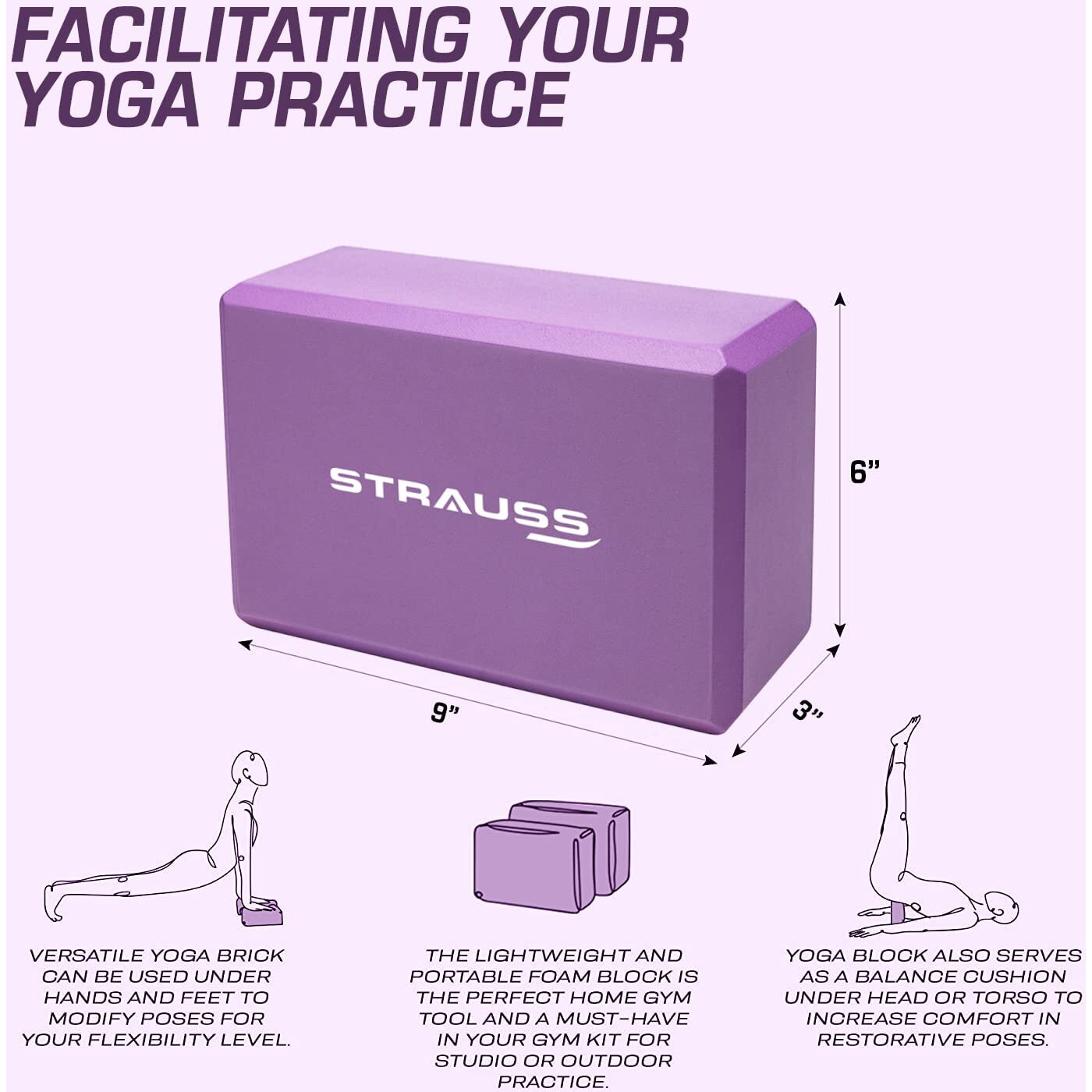 Strauss High Density EVA Foam Yoga Block | Non-Slip Workout Brick For Improving Poses, Balances Flexibility & Support Strength Training Exercises | Yoga Brick To Support and Deepen Yoga Poses,(Purple) Pair