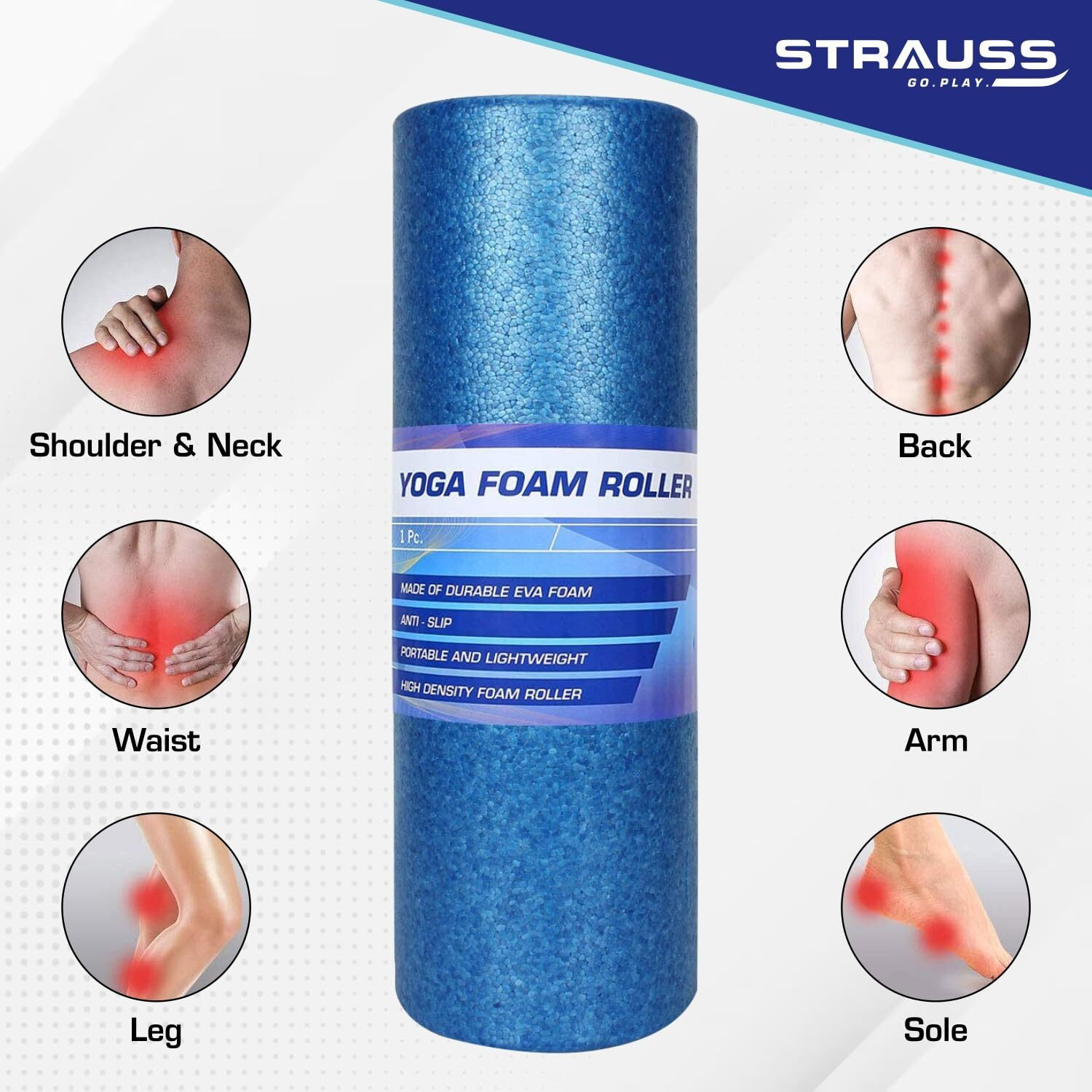 Strauss High Density Foam Roller | Deep Tissue Massage Roller for Knee Exercise, Muscles Recovery & Physiotherapy | Home Gym Fitness Equipment for Full Body Relaxation and Flexibility | 45cm,(Blue)