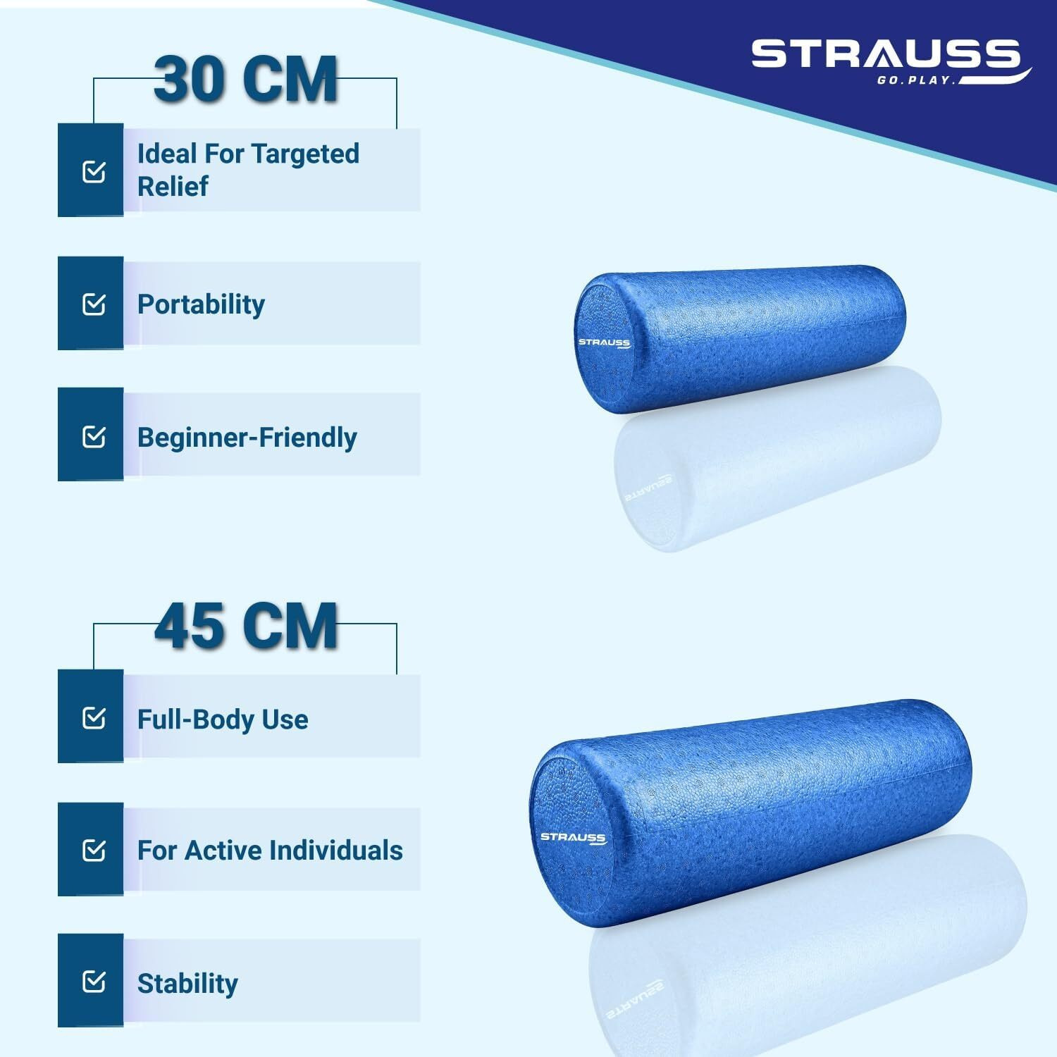 Strauss High Density Foam Roller | Deep Tissue Massage Roller for Knee Exercise, Muscles Recovery & Physiotherapy | Home Gym Fitness Equipment for Full Body Relaxation and Flexibility | 45cm,(Blue)