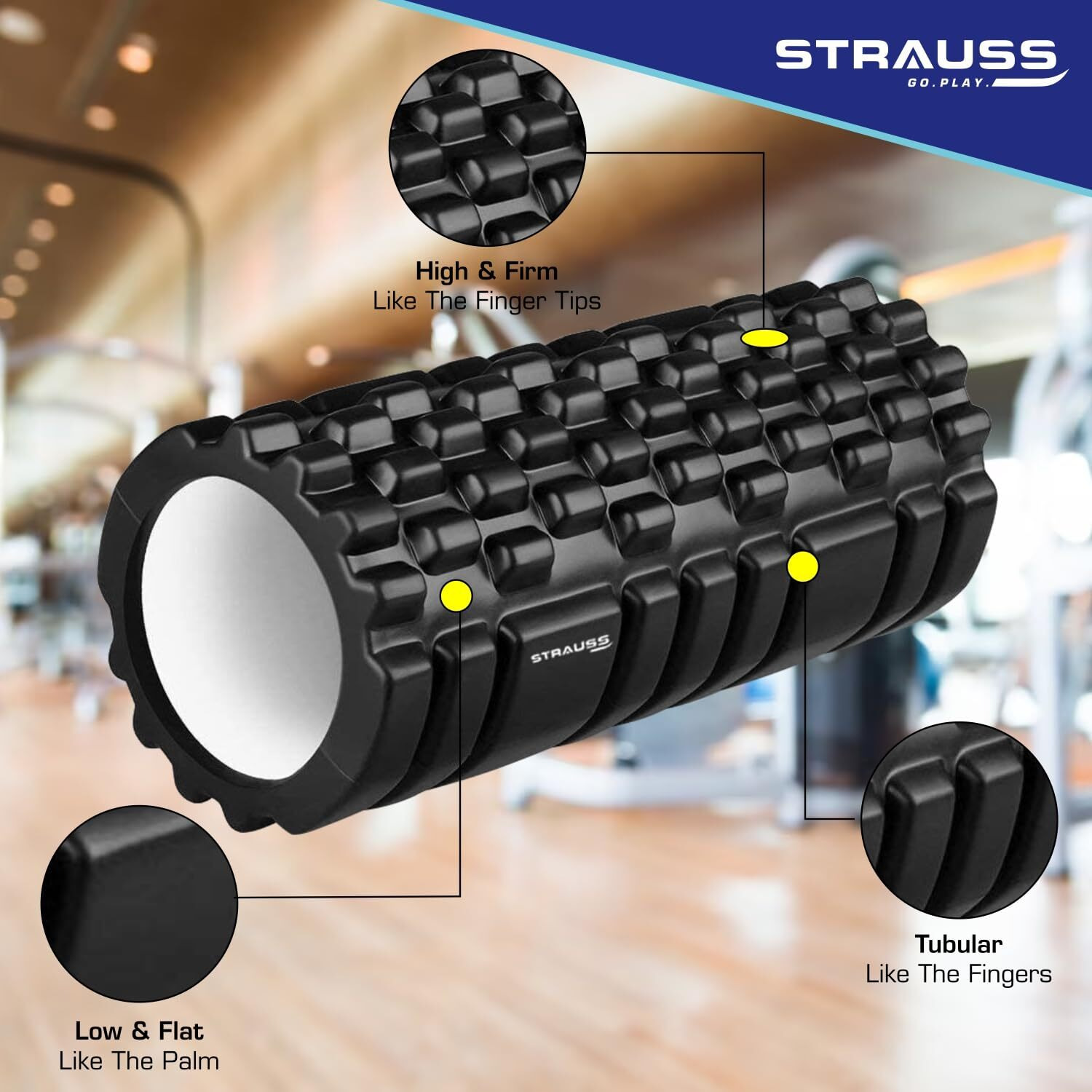 Strauss Deep Tissue Massage Foam Roller|High-Density Muscle Roller for Myofascial Release, Physical Therapy, Yoga, Pilates|Exercise Equipment for Deep Tissue Massage and Muscle Relief|33cm,(Black)