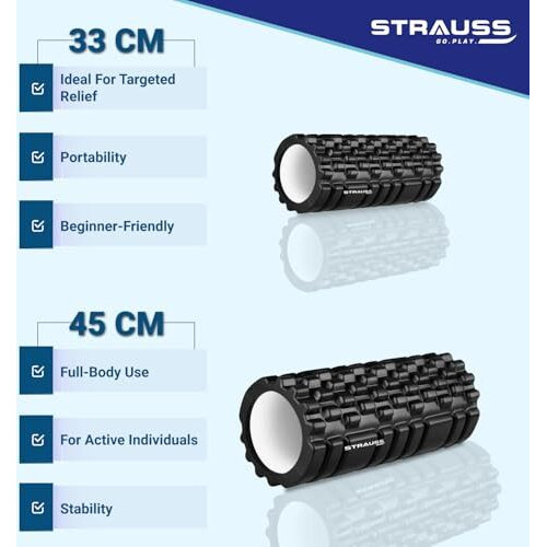 Strauss Deep Tissue Massage Foam Roller|High-Density Muscle Roller for Myofascial Release, Physical Therapy, Yoga, Pilates|Exercise Equipment for Deep Tissue Massage and Muscle Relief|45cm,(Black)