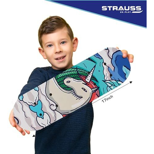 Strauss Kids Skateboard | 17 X 5 Inches Maple Wood Skateboard with PU Wheels for Kids Upto 5 Years | Suitable for Boys and Girls | Ideal for Beginners,Learners and Training Purpose, (White Horse)