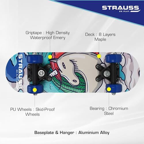 Strauss Kids Skateboard | 17 X 5 Inches Maple Wood Skateboard with PU Wheels for Kids Upto 5 Years | Suitable for Boys and Girls | Ideal for Beginners,Learners and Training Purpose, (White Horse)