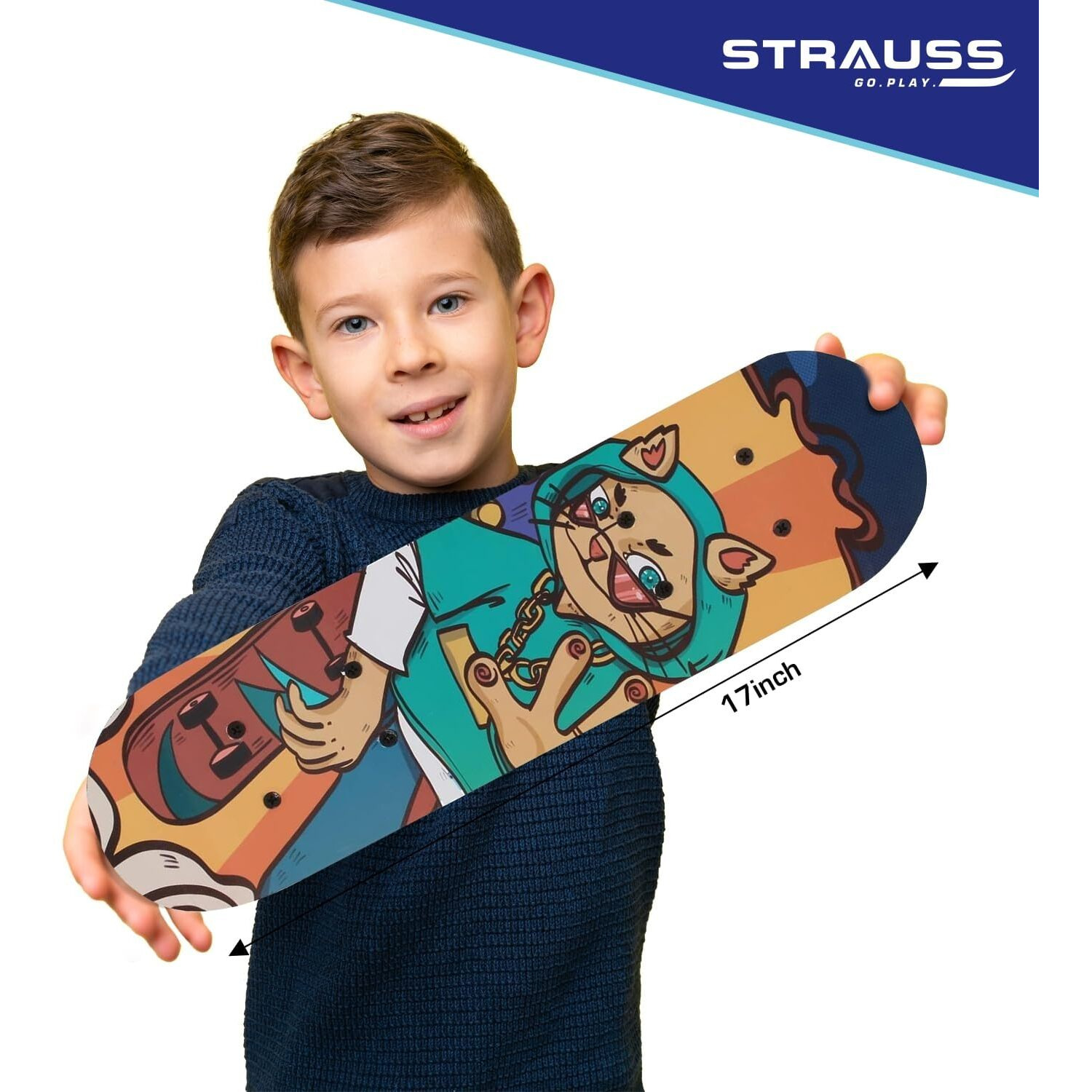Strauss Kids Skateboard | 17 X 5 Inches Maple Wood Skateboard with PU Wheels for Kids Upto 5 Years | Suitable for Boys and Girls | Ideal for Beginners,Learners and Training Purpose, (Cat Girl)