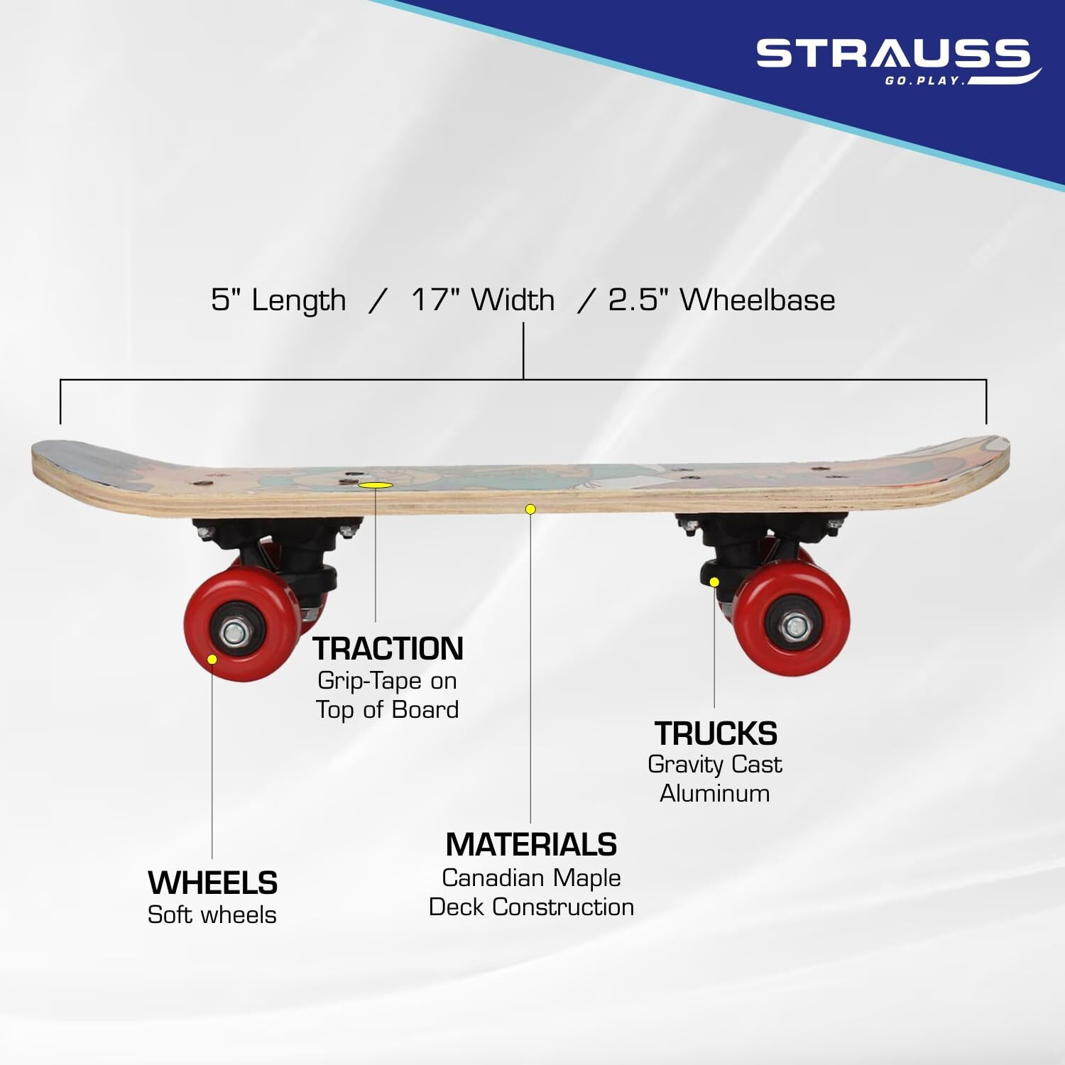 Strauss Kids Skateboard | 17 X 5 Inches Maple Wood Skateboard with PU Wheels for Kids Upto 5 Years | Suitable for Boys and Girls | Ideal for Beginners,Learners and Training Purpose, (Cat Girl)