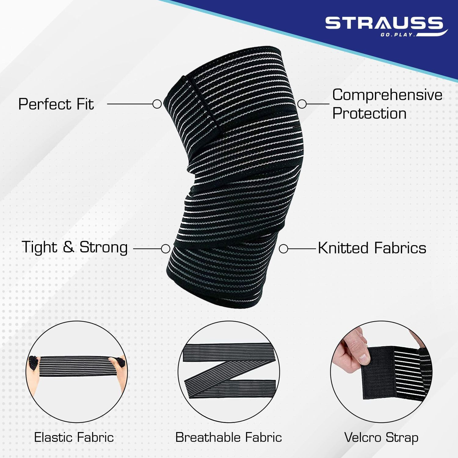 STRAUSS Elastic Knee Compression Bandage Wraps | Support for Ankle, Knee, Elbow Pain Relief, Sports & Workout | Can Be Used For Squats and Powerlifting | 1 Pair ,(Black)