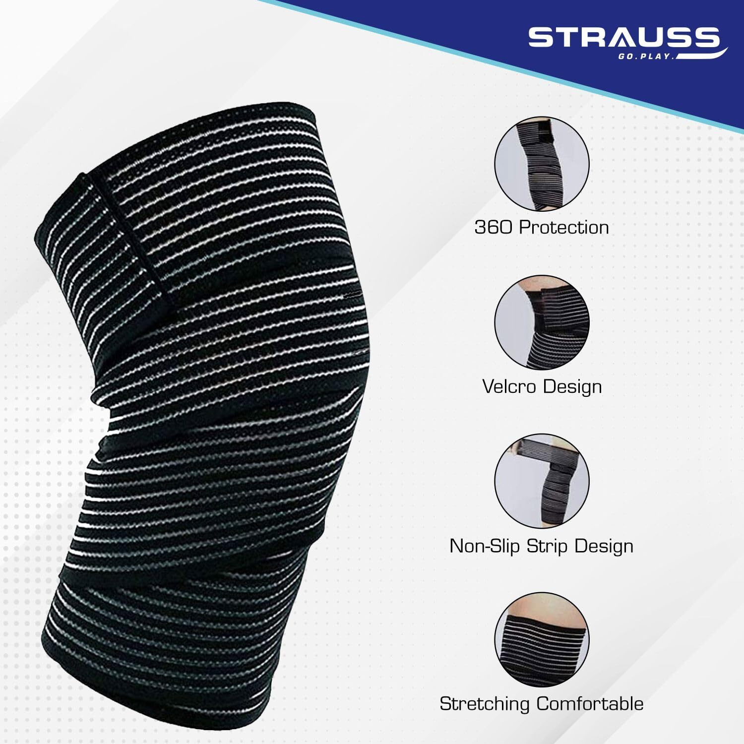 STRAUSS Elastic Knee Compression Bandage Wraps | Support for Ankle, Knee, Elbow Pain Relief, Sports & Workout | Can Be Used For Squats and Powerlifting | 1 Pair ,(Black)
