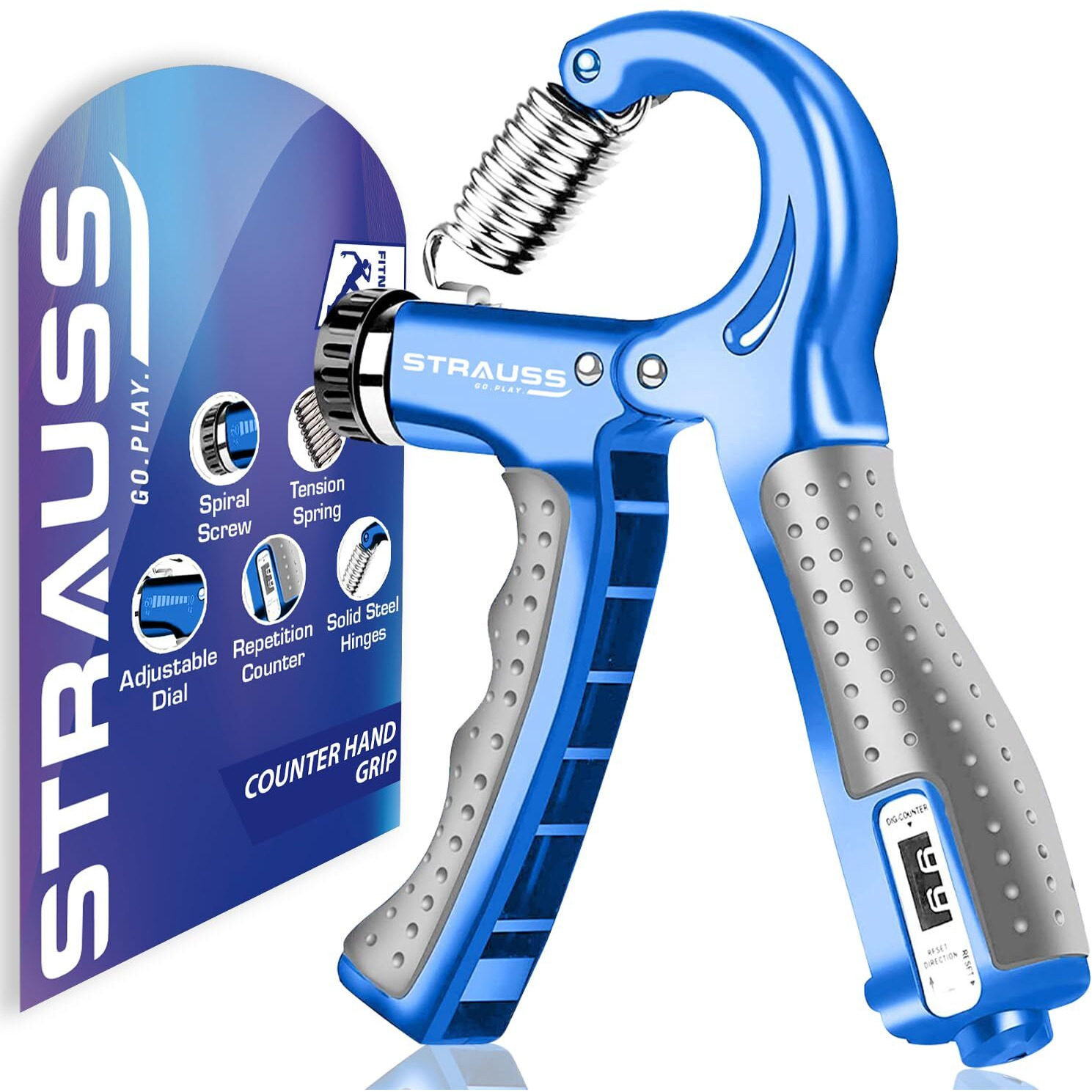 Strauss Adjustable Hand Grip with Counter | Adjustable Resistance (10KG - 60KG) | Hand Gripper for Home & Gym Workouts | Ideal for Forearm Hand Exercises & Strength Building for Men & Women,(Blue)