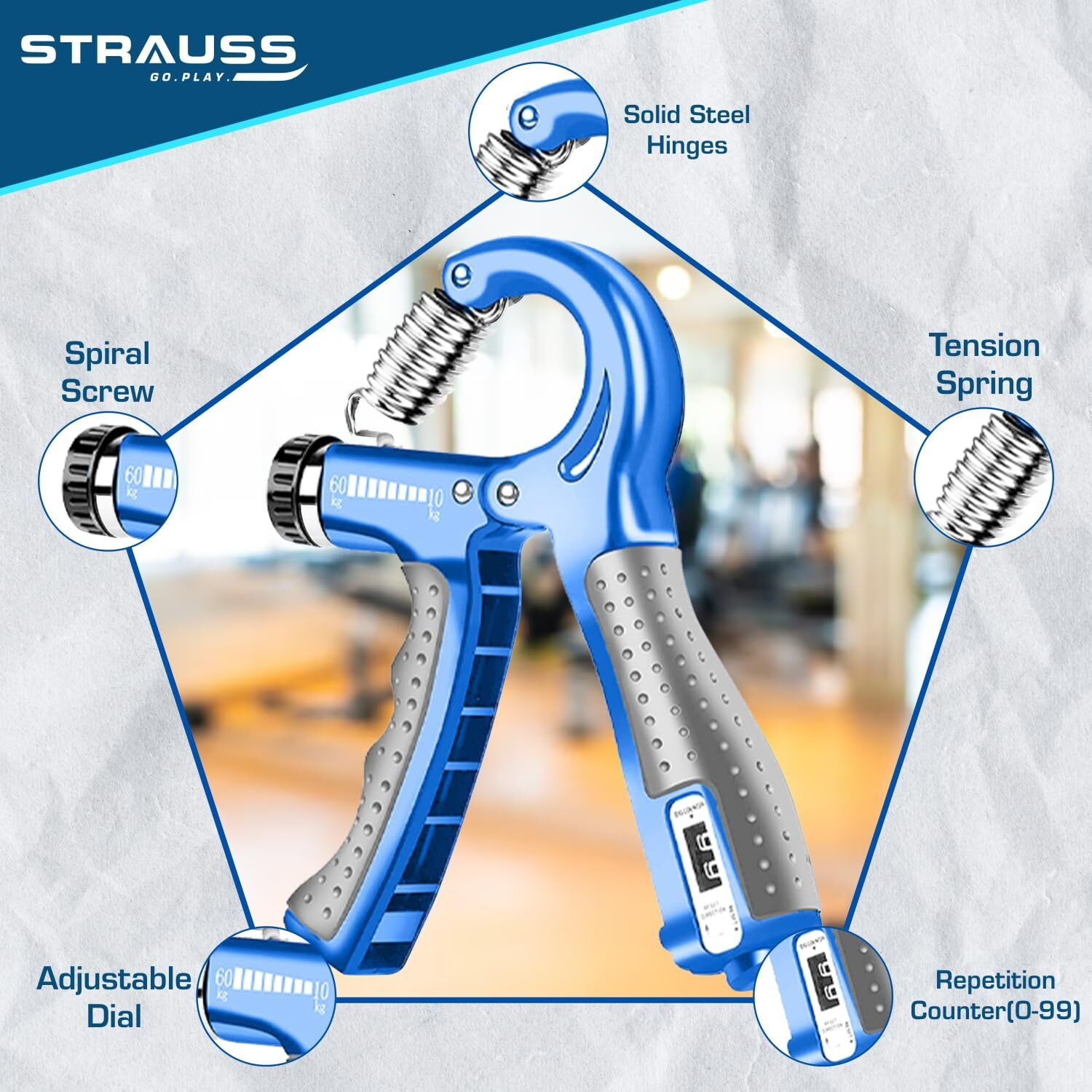 Strauss Adjustable Hand Grip with Counter | Adjustable Resistance (10KG - 60KG) | Hand Gripper for Home & Gym Workouts | Ideal for Forearm Hand Exercises & Strength Building for Men & Women,(Blue)