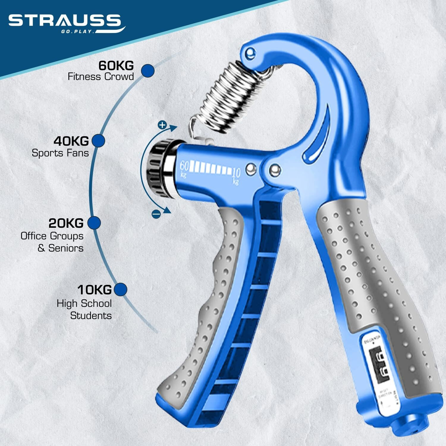 Strauss Adjustable Hand Grip with Counter | Adjustable Resistance (10KG - 60KG) | Hand Gripper for Home & Gym Workouts | Ideal for Forearm Hand Exercises & Strength Building for Men & Women,(Blue)