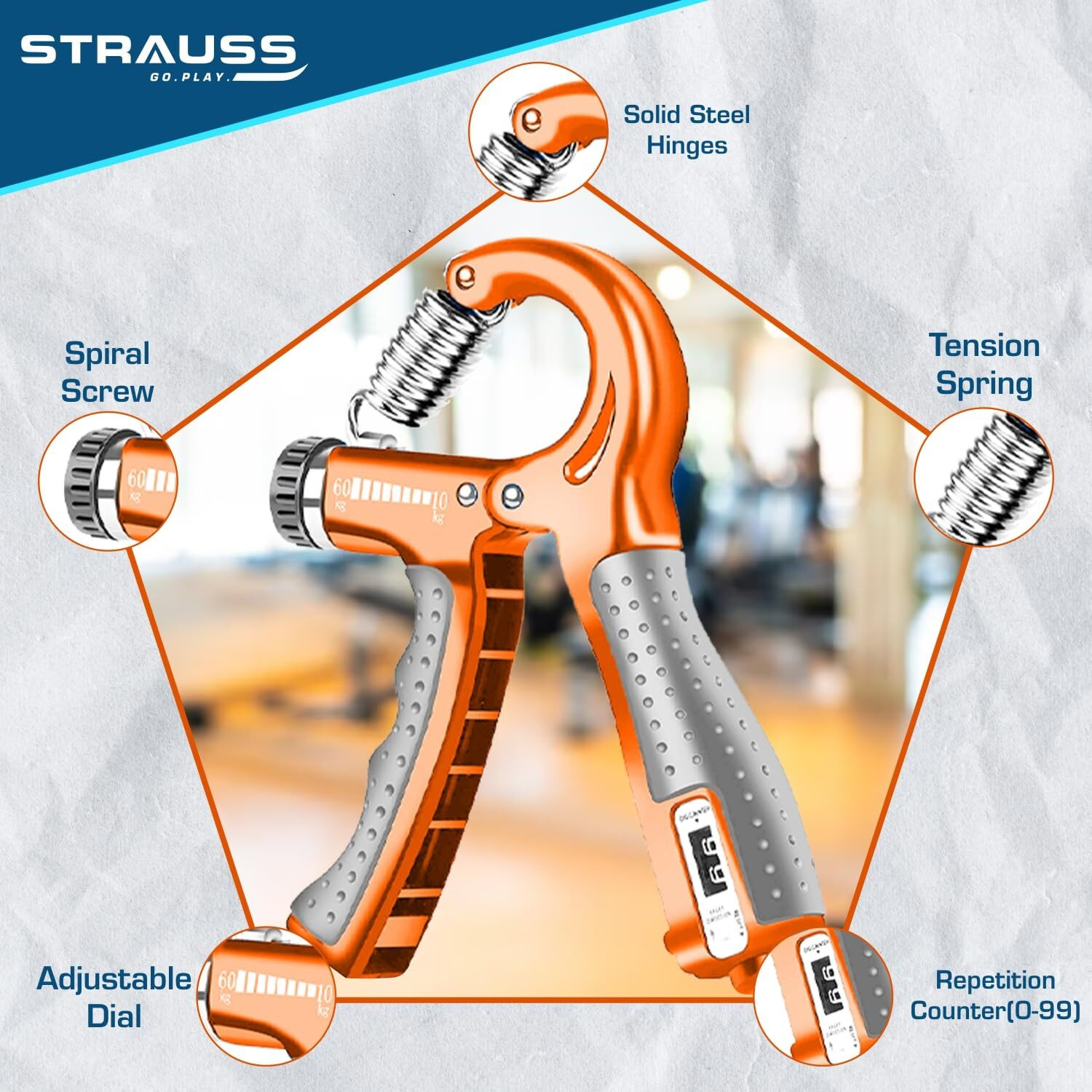 Strauss Adjustable Hand Grip with Counter | Adjustable Resistance (10KG - 60KG) | Hand Gripper for Home & Gym Workouts | Ideal for Forearm Hand Exercises & Strength Building for Men & Women,(Orange)