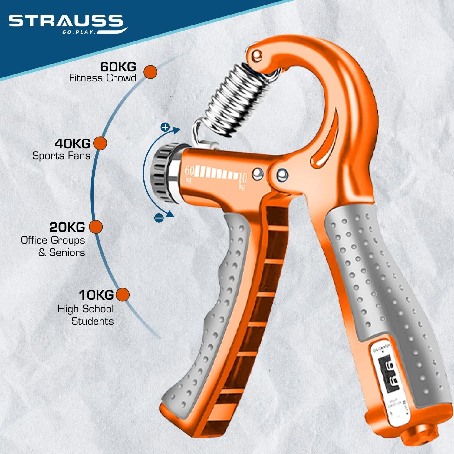 Strauss Adjustable Hand Grip with Counter | Adjustable Resistance (10KG - 60KG) | Hand Gripper for Home & Gym Workouts | Ideal for Forearm Hand Exercises & Strength Building for Men & Women,(Orange)